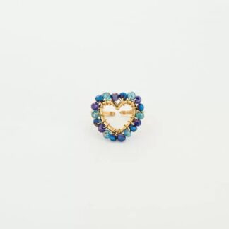 Kralen hart ring blauw/goud